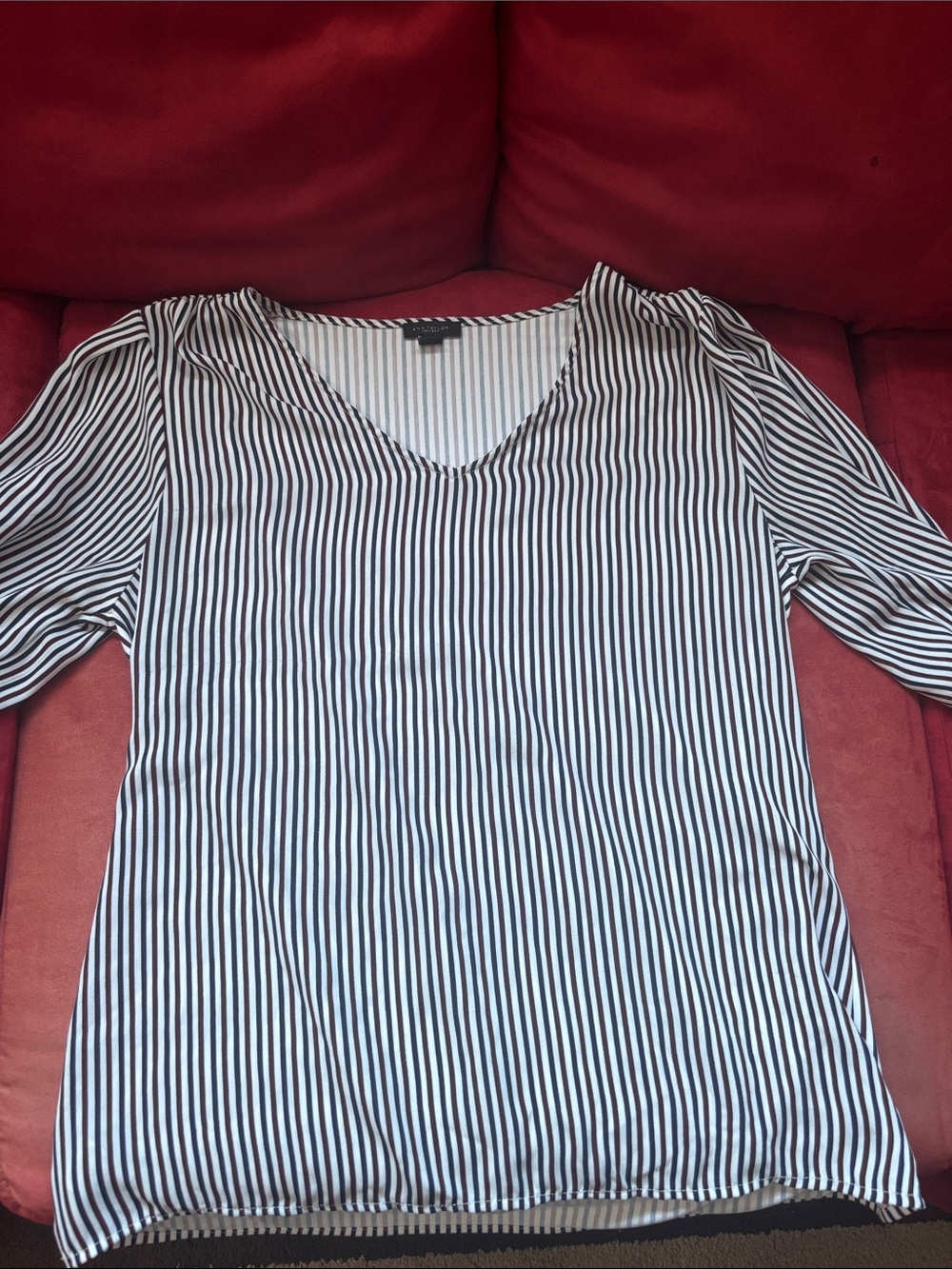 Ann Taylor Factory Vertical Stripe V-Neck Blouse black white maroon